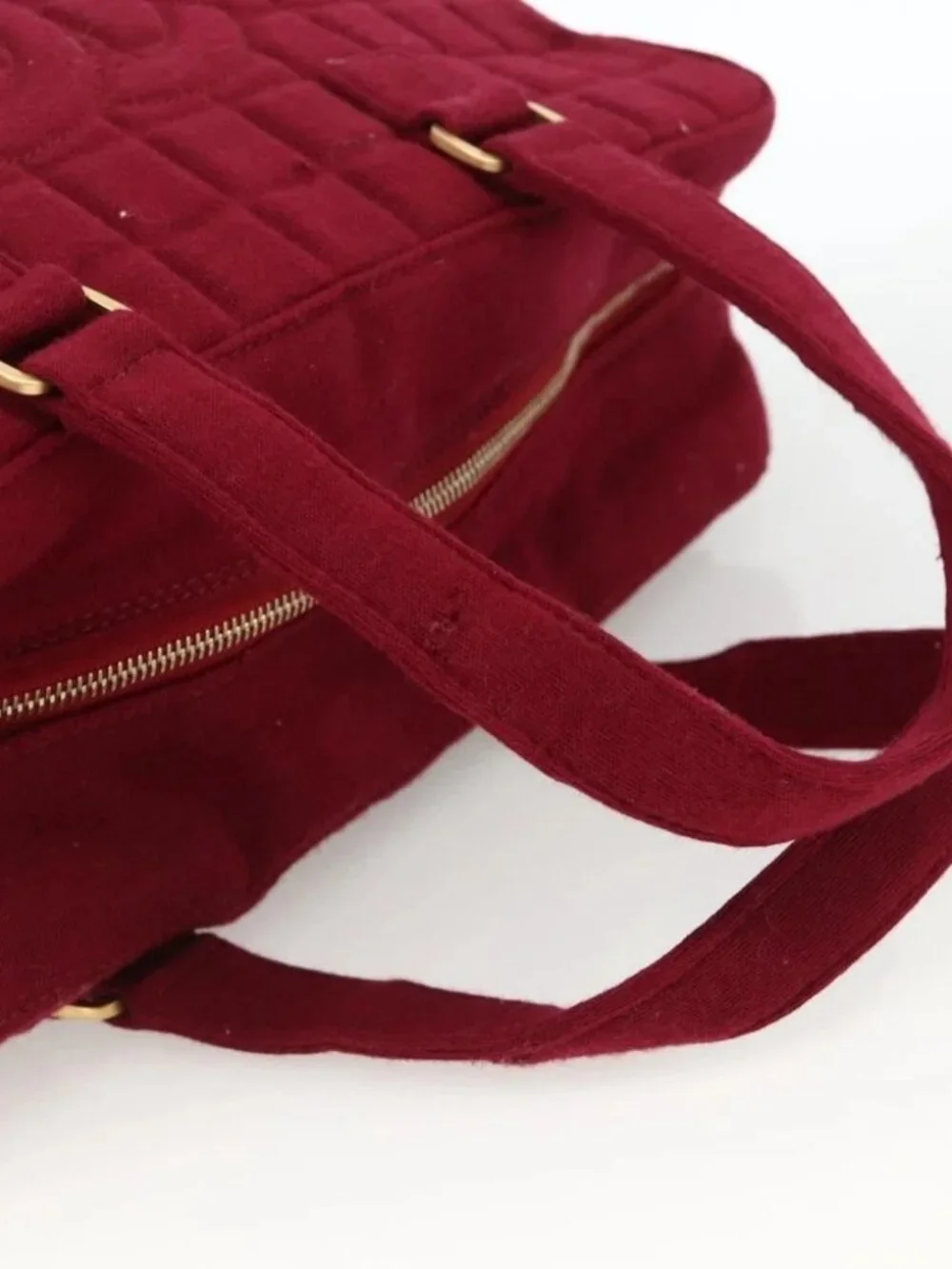 CHANEL Choco Bar Hand Bag Cotton Bordeaux Gold CC Auth BAZ870